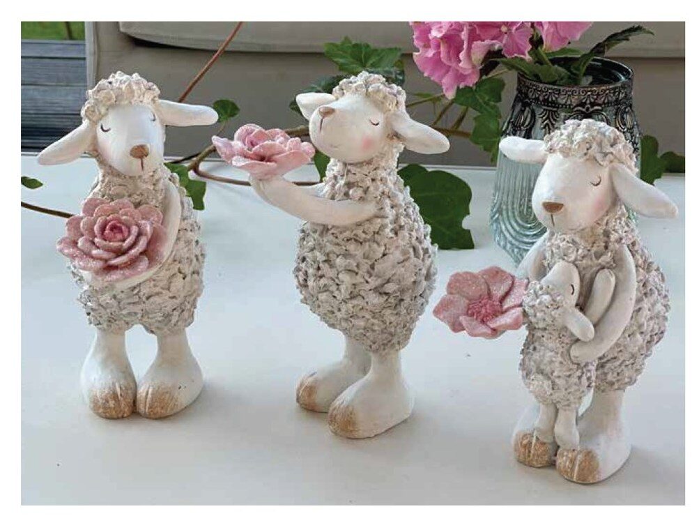 Lustige Deko-Schafe weiß m. rosa Blumen Polyresin Osterdekoration