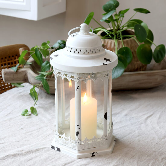 Chic Antique Laterne Hänge-Stand Chic mit Spitzenkante Windlicht Metall Antik Creme H 32cm