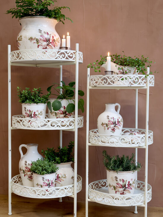 Chic Antique Etagere Landhaus 3 Etagen Metall Kantendekor rund antique creme  2 Größen
