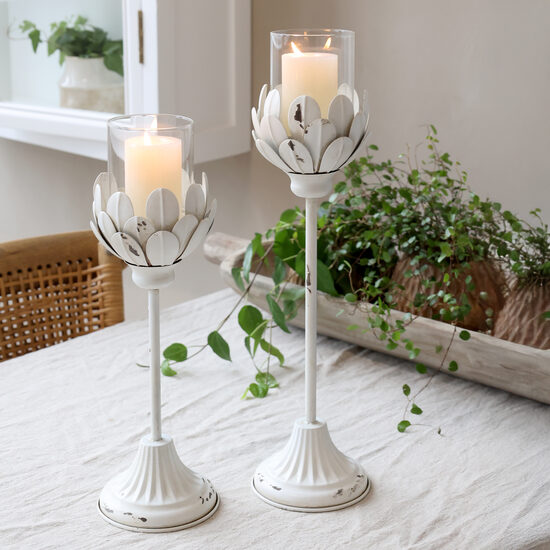 Teelichthalter Windlicht auf Fuss Kerzenhalter Kerzenleuchter antik silber 2 Größen 