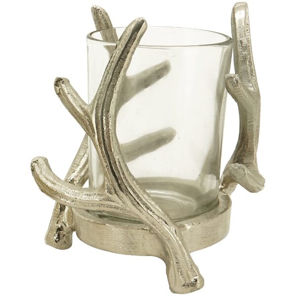 Windlicht Teelichthalter Geweih Kerzenhalter Alu 1 Glaszylinder Silber H 14 cm
