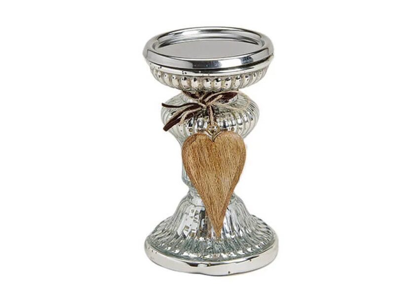 Kerzenhalter Kerzenleuchter Silber Kerzenständer aus Glas mit Holz Herz Anhänger H 16cm 