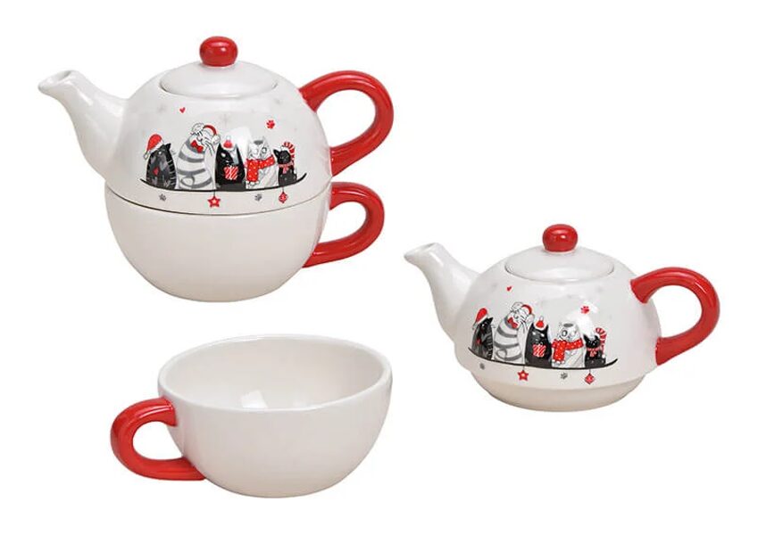 Tea for One Set Katzen Dekor (= 1 kleine Teekanne + 1 Tasse zum Stapeln) aus Keramik