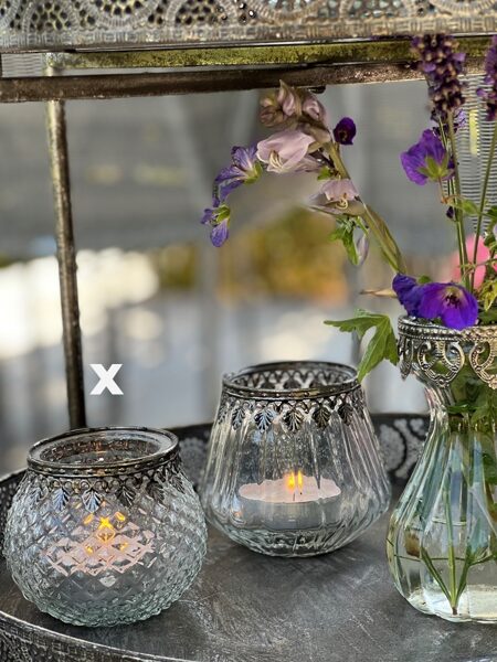 Teelichthalter mit Silberdekor bauchiges Kerzenglas/  antik Silber, Rund H 9/D 9 cm