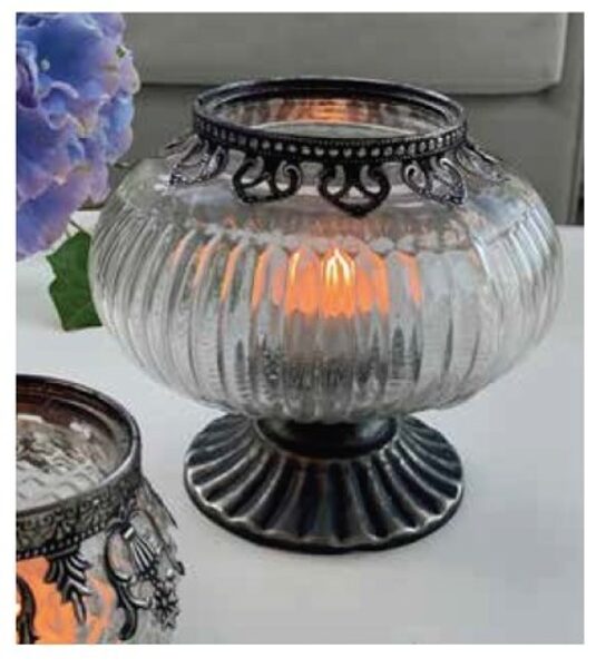 Teelichthalter auf Fuß/Silberdekor bauchiges Kerzenglas/ Vase H 17cm