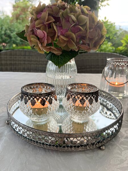 Teelichthalter mit Silberdekor bauchiges Kerzenglas/ antik Silber, Rund H 7/D 7,5cm  