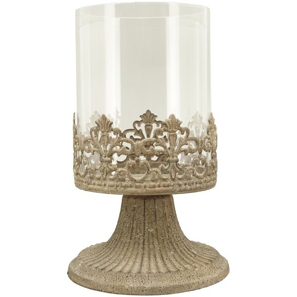 Windlicht Teelichthalter Barock Kerzenhalter auf Fuss Spitzenkante Glas/Metall Antik Shabby H 21,5 cm