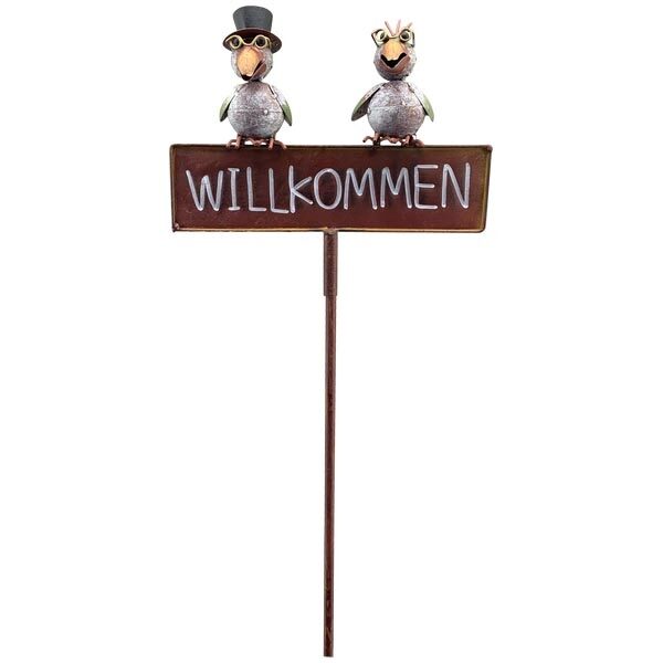Gartenstecker "Willkommen" mit Rabe und Vogel Metall 28cm x 11cm x 130cm