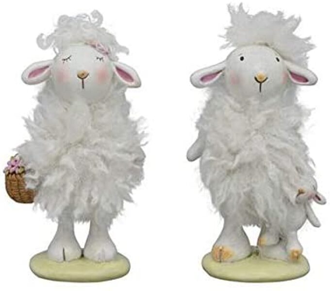 Lustiges Deko-Schaf Paar Sannie mit Wolle weiß, Polyresin Ostern