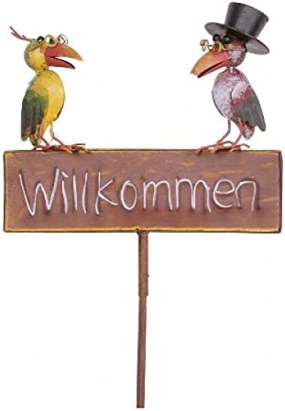 Gartenstecker "Willkommen" mit Rabe und Vogel Metall 26cm x 7cm x 120cm