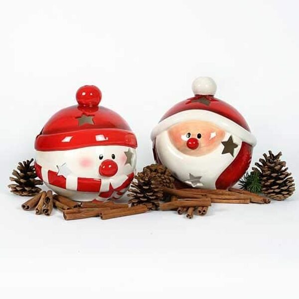 Windlicht Kugel Schneemann Weihnachten Sterne Keramik Weiss/Rot Teelicht H 19 cm