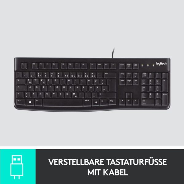 Logitech K120 Kabelgebundene Tastatur für Windows, USB Plug & Play, Volle Größe, Spritzwassergeschützt, Gekrümmte Leertaste, Kompatibel mit PC, Laptop,...