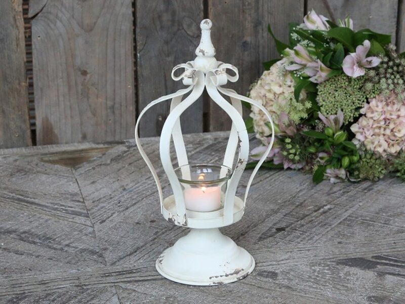 Chic Antique Krone auf Fuß Teelichthalter Laterne Windlicht antique creme shabby