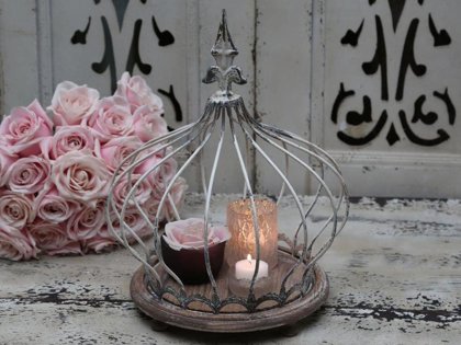 Chic Antique Frz. Krone auf Holzbrett Kerzenlicht Kerzenständer Kerzenhalter Antik Creme Brocante Vintage