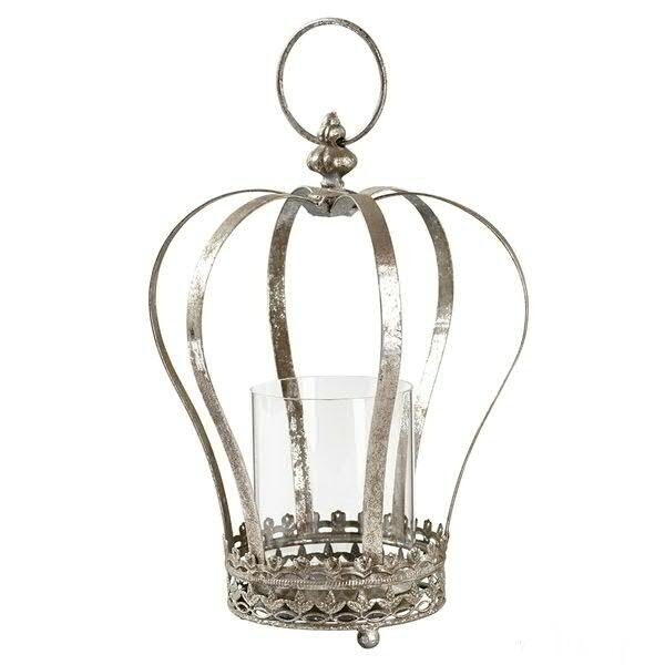 Teelicht Krone Hänge Teelichthalter m. Glaszylinder Kerzenleuchter antique Silber shabby H 28cm 
