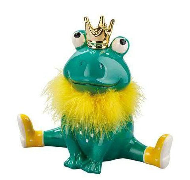 Froschkönig Frosch mit Krone Fellkragen Dekofigur Frühlingsdeko , grün/gelb