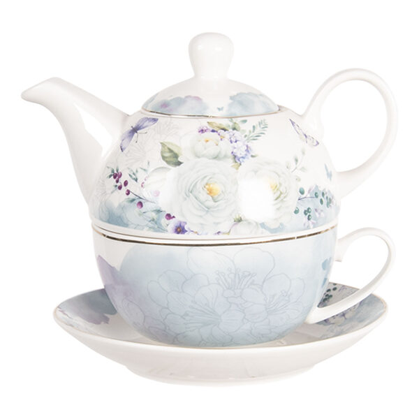 Clayre 6 Eef Tea for One Set (= 1 kleine Teekanne + 1 Tasse zum Stapeln+ Untertasse) Porzellan 