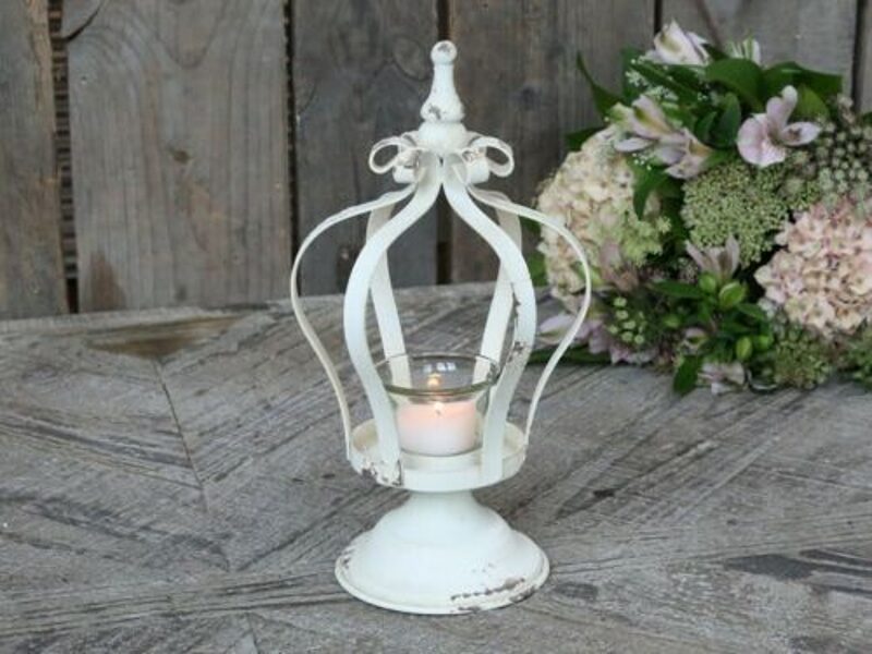 Chic Antique  Krone auf Fuß Teelichthalter Laterne Windlicht antique creme shabby H 26cm