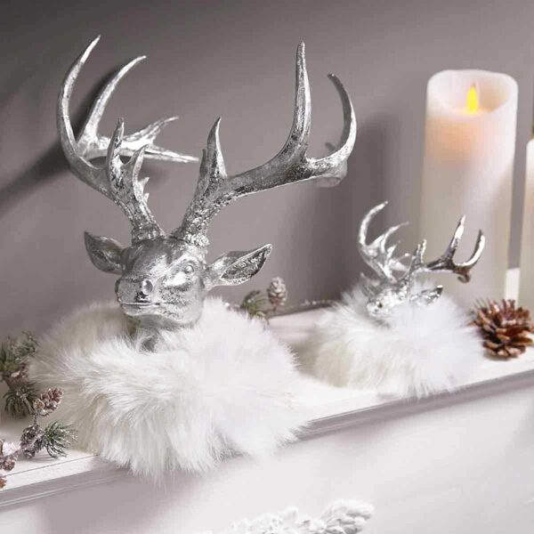 Hirschgeweih Hirschkopf Hirsch Geweih mit Fell 25cm Silber Weiß Figur Skulptur Deko Weihnachten (groß links)